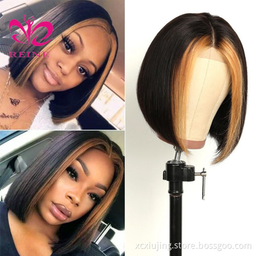 150% 4x4 Lace Closure Human Hair Wigs For Women #27 Highlight Wig Brazilian Remy Honey Blonde Ombre Short Bob Lace Closure Wigs